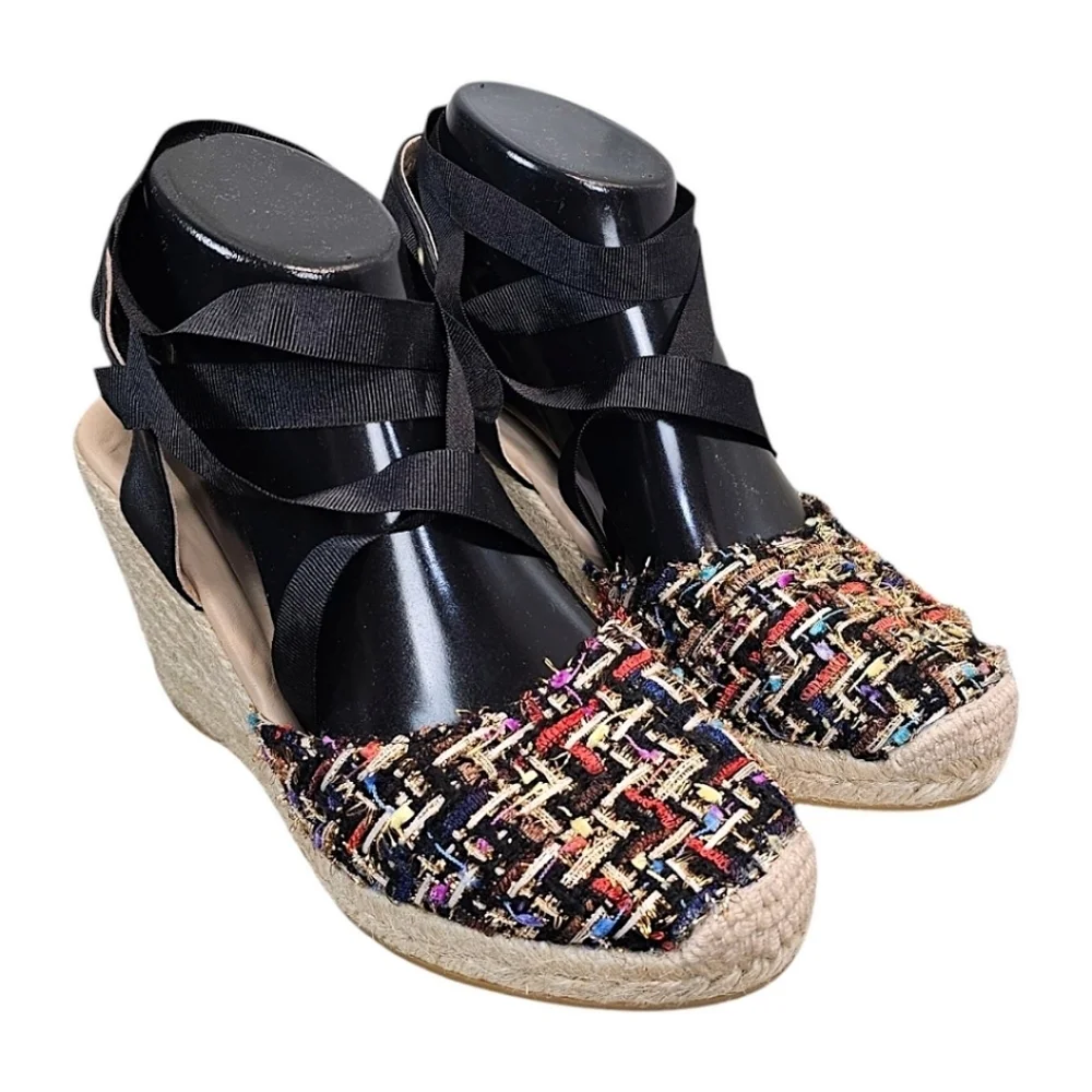 NEW! L.K. Bennett Tianna Black Tweed Espadrille Wedges Sz 37 7 Ankle Tie Preppy